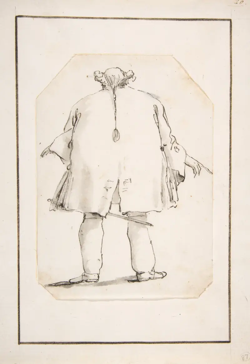 Karikatyrmålning av en tjock man, sedd bakifrån av Giovanni Battista Tiepolo