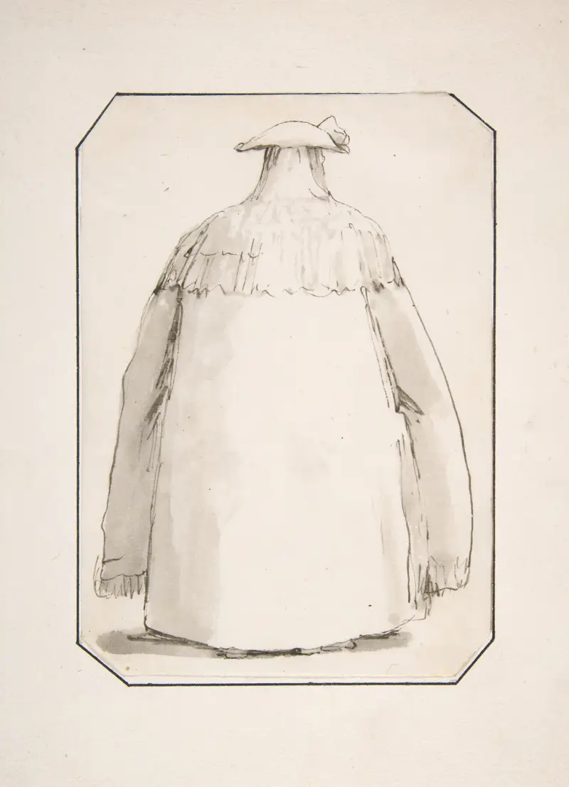 Karikatur einer dicken Person in langem Mantel und Dreispitz, von hinten gesehen von Giovanni Battista Tiepolo