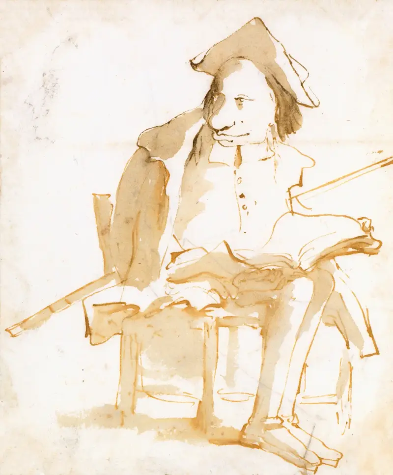Karikatyrs av en sittande man med bok och käpp av Giovanni Battista Tiepolo
