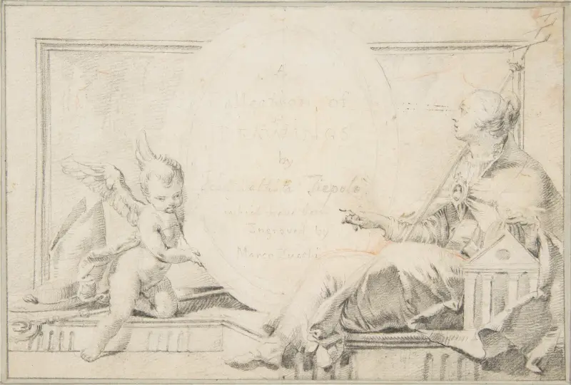 Illustration för en bok; Frontespis med en kvinnlig allegorisk figur och en putto av Giovanni Battista Tiepolo