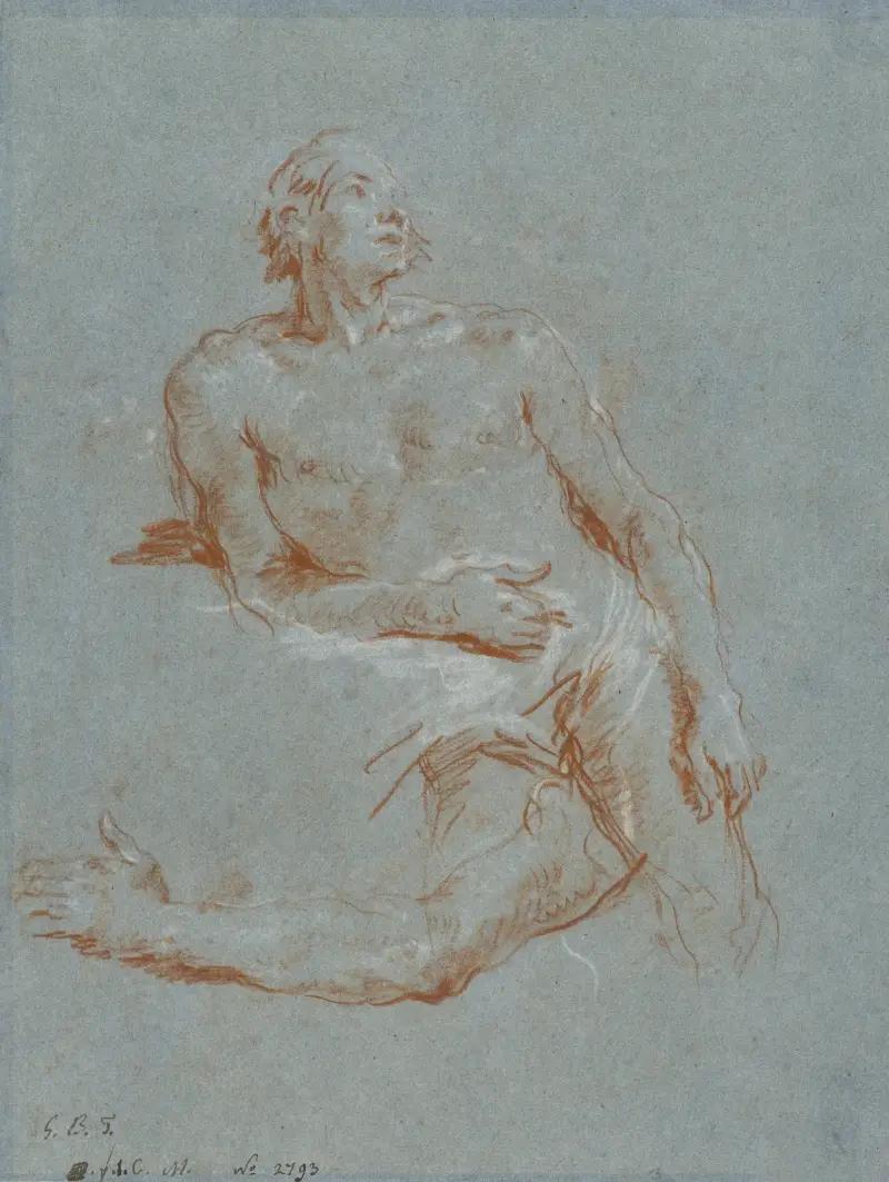 Manlig nakenstudie lutad mot armbågen (verso) av Giovanni Battista Tiepolo