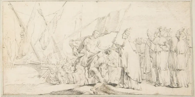 Påven överlämnar en fana till en korsriddare, med skepp i bakgrunden av Giovanni Battista Tiepolo