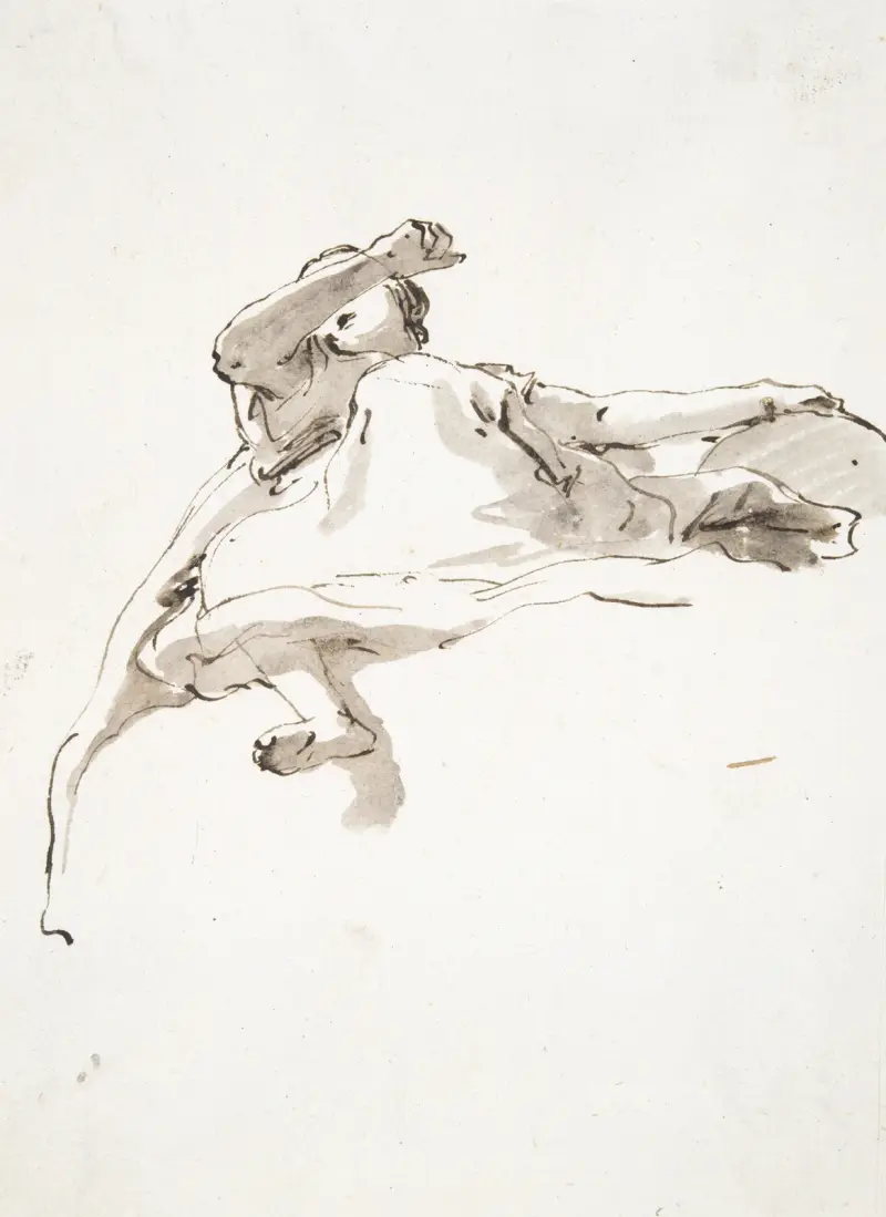 Liegende weibliche Figur, linke Hand auf einer Kugel, rechter Arm vor dem Gesicht erhoben, von unten gesehen von Giovanni Battista Tiepolo