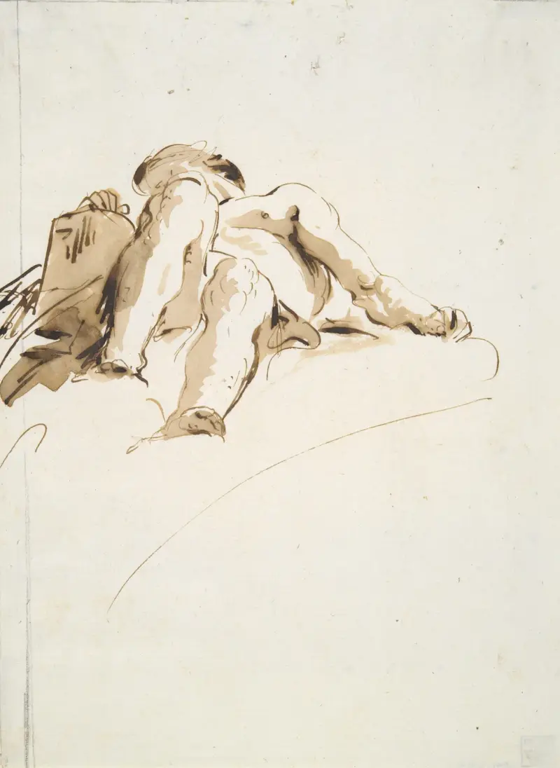 Reclining male nude with right hand resting on a stone tablet, seen from below av Giovanni Battista Tiepolo
