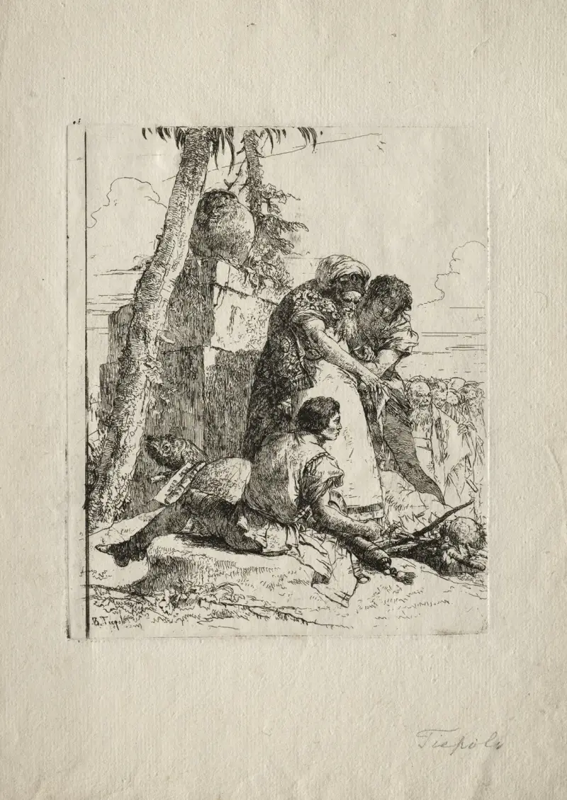 Fantastické žerty; Kouzelník ukazuje dvěma mladíkům hořící hlavu, Giovanni Battista Tiepolo