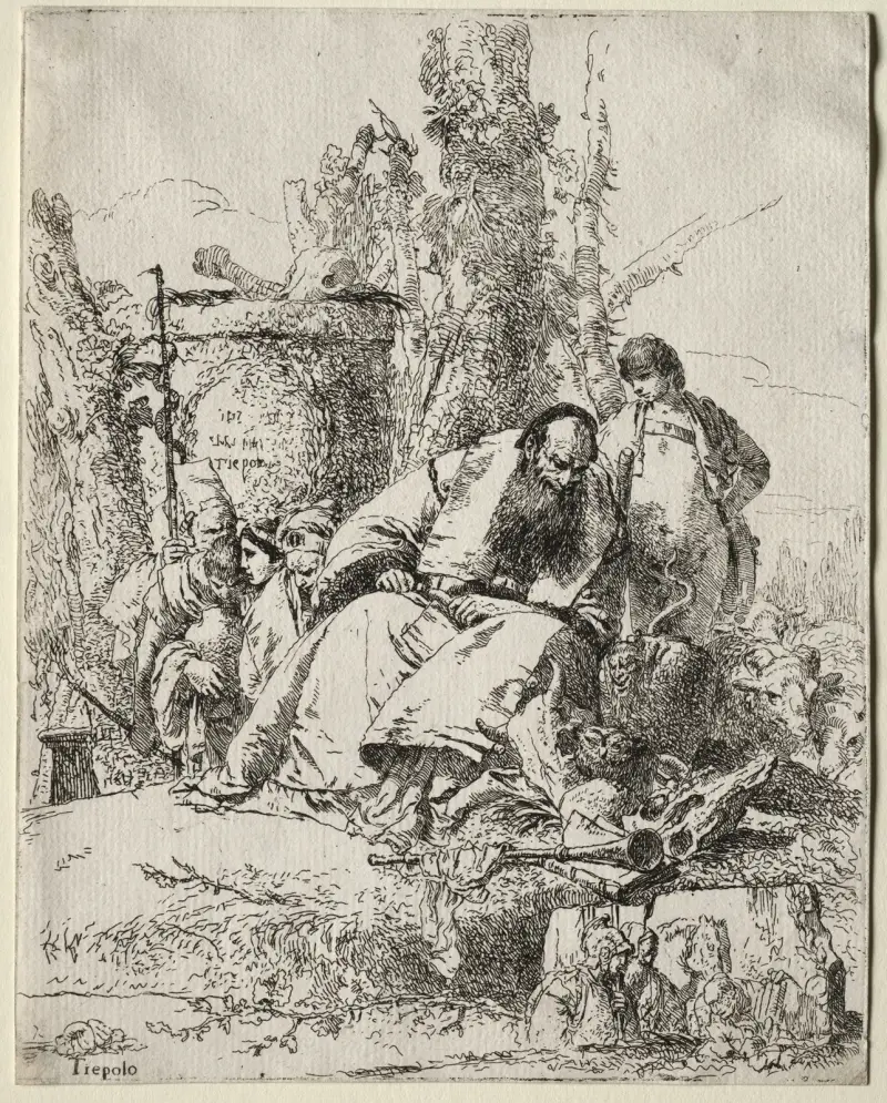 Scherzi di Fantasia; Sitzender Magier, Junge und vier Figuren von Giovanni Battista Tiepolo