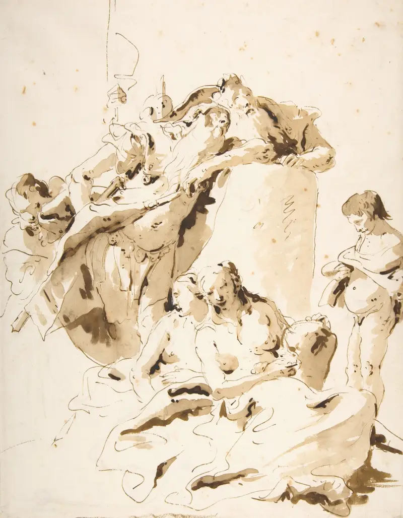 Scherzo di Fantasia; stående krigare och kung med fem följeslagare av Giovanni Battista Tiepolo