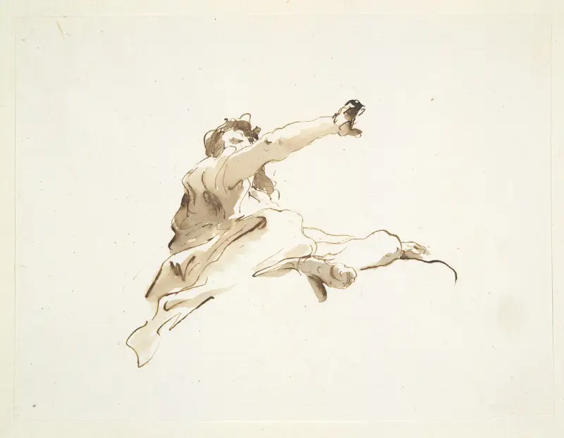 Sittande figur med huvudet vänt åt vänster och höger arm upplyft, sedd underifrån av Giovanni Battista Tiepolo