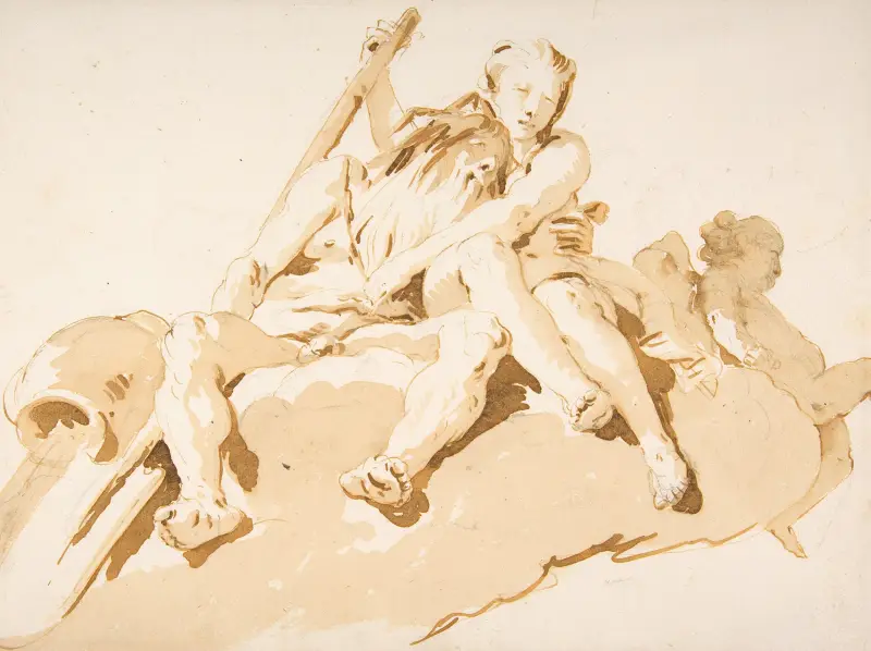Seated River God, Nymph with an Oar, and Putto av Giovanni Battista Tiepolo