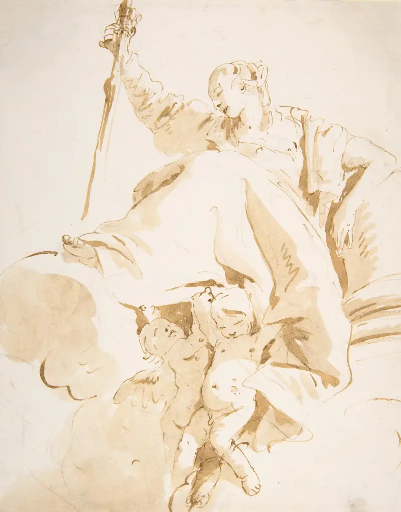 Sittande kvinnor som håller upp ett svärd, stödda av två putti av Giovanni Battista Tiepolo