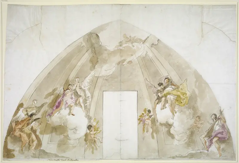 Sjungande och musicerande änglar; förberedande teckning för taket i Udinekatedralen av Giovanni Battista Tiepolo