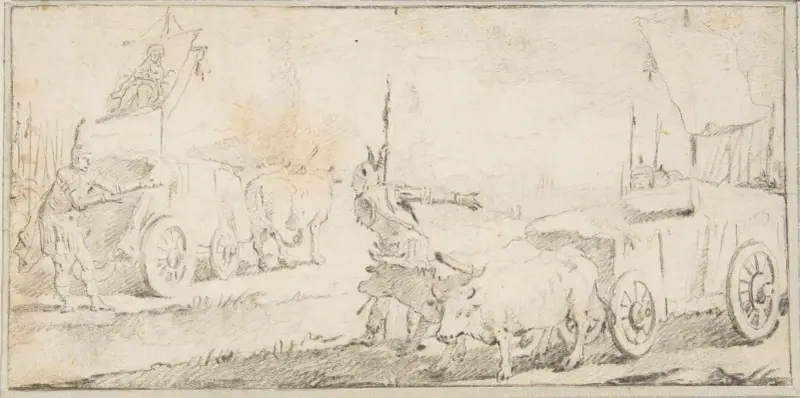 Soldater driver oxkärror med fanor av Giovanni Battista Tiepolo