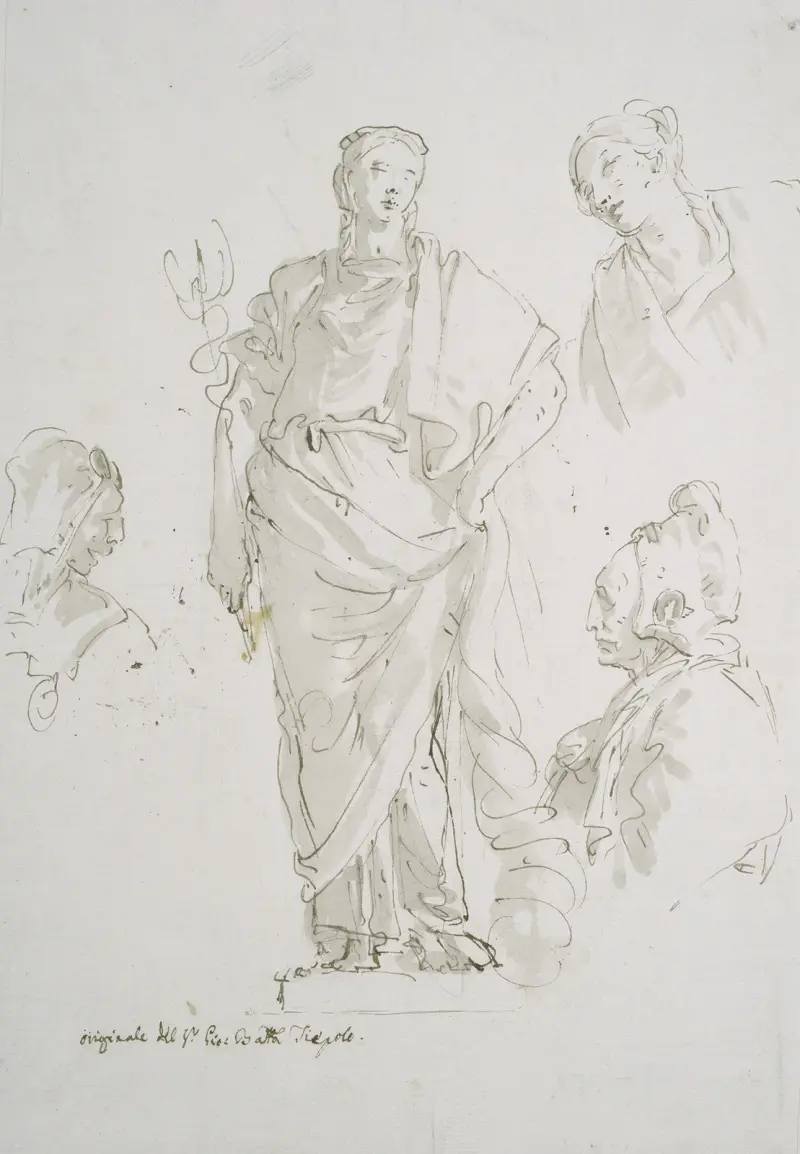 Stehende weibliche Figur auf einem Sockel und drei Kopfstudien von Giovanni Battista Tiepolo