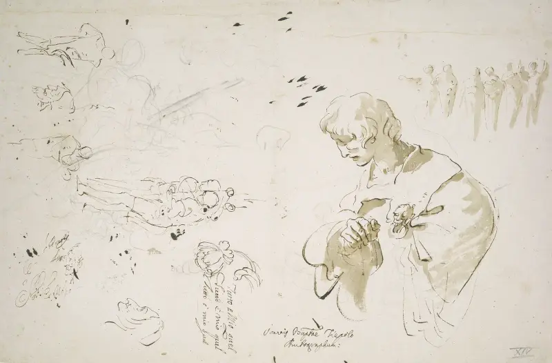 Studieblad med ung man i profil, blickande åt vänster; studier av figurer och huvuden av Giovanni Battista Tiepolo