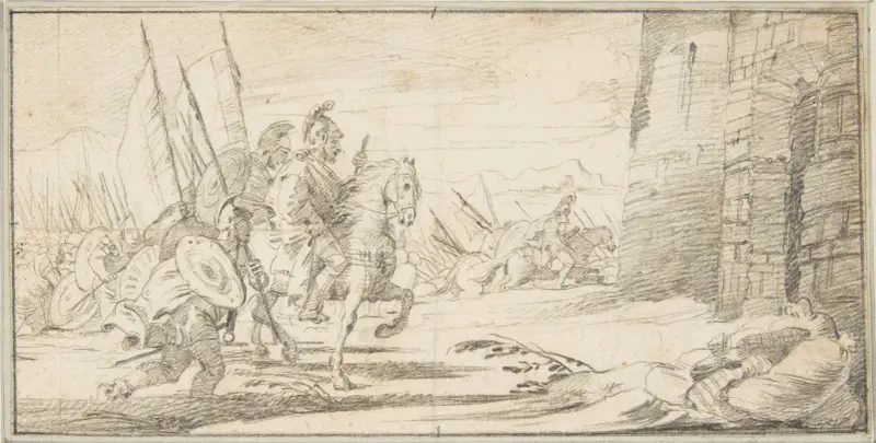 Trupper avancerar mot en stadsport av Giovanni Battista Tiepolo