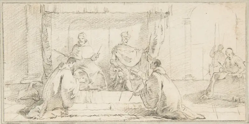 Två munkar knäböjande inför en doge och en kejsare (Doge Ziani och kejsar Barbarossa) av Giovanni Battista Tiepolo