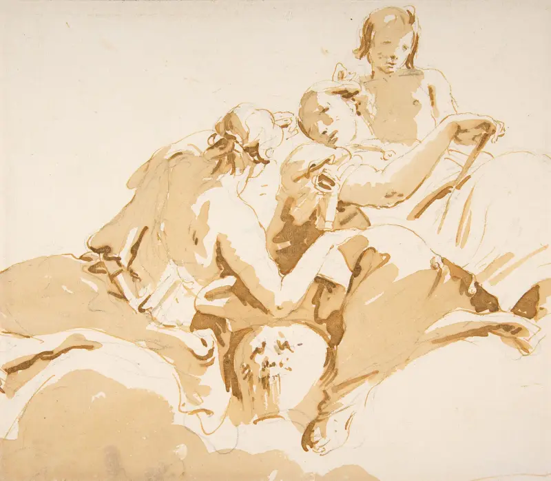 Två sittande kvinnor och en pojke på moln av Giovanni Battista Tiepolo