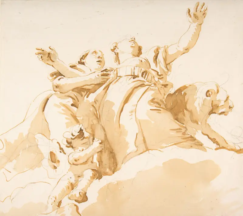 Två kvinnor, ett lejon och en putto på moln av Giovanni Battista Tiepolo