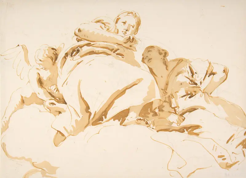 Två kvinnor och en bevingad pojke på moln av Giovanni Battista Tiepolo