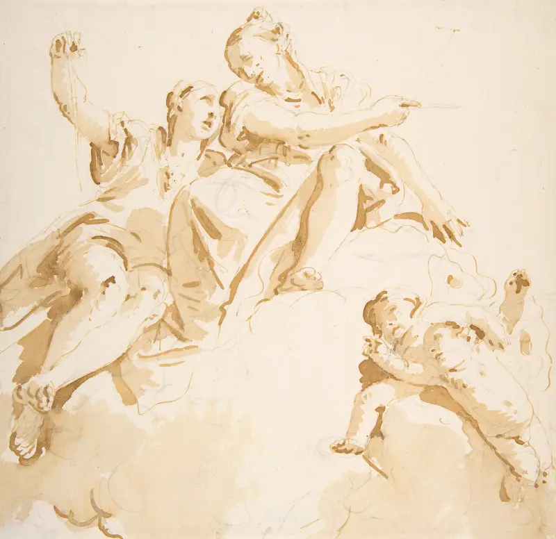 Två kvinnor sittande på ett moln, och två putti av Giovanni Battista Tiepolo