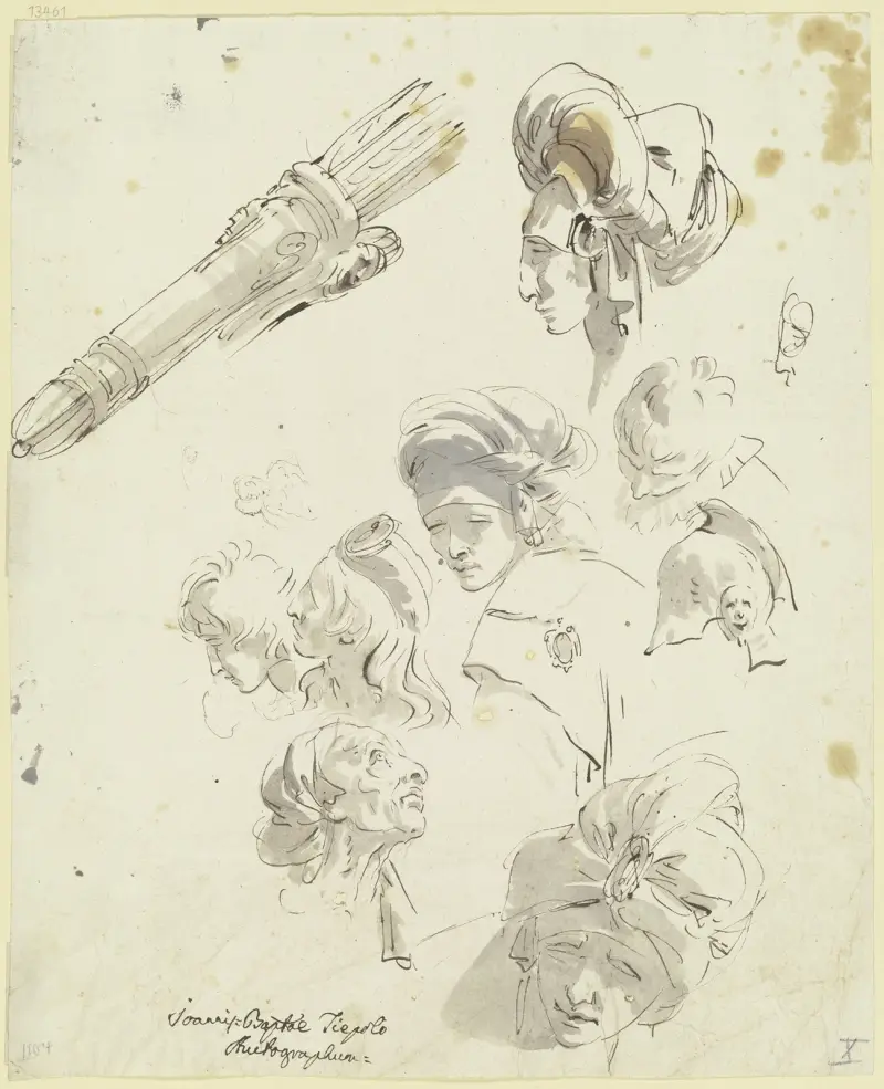 Olika huvuden av skägglösa män med turbanliknande huvudbonad; uppe till vänster ett koger med pilar av Giovanni Battista Tiepolo