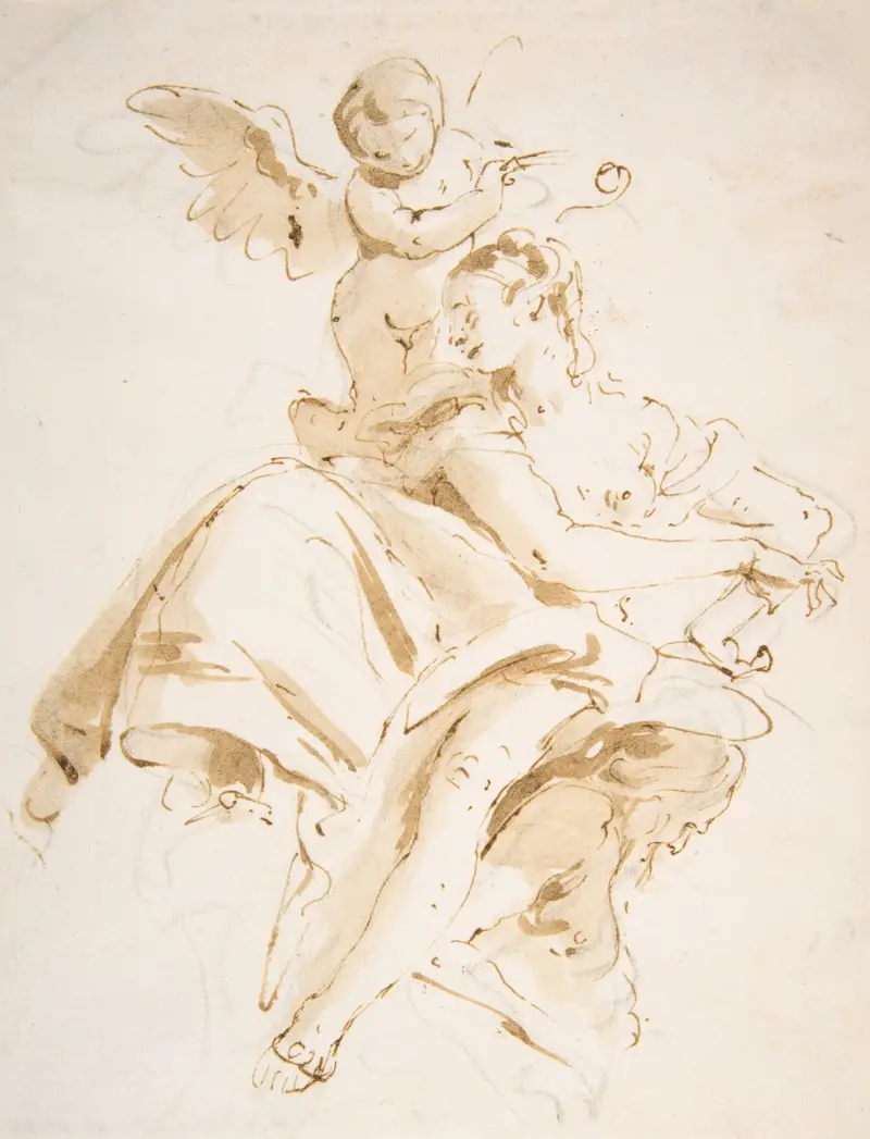 Bevingad putto kröner en sittande kvinna som blickar åt vänster av Giovanni Battista Tiepolo