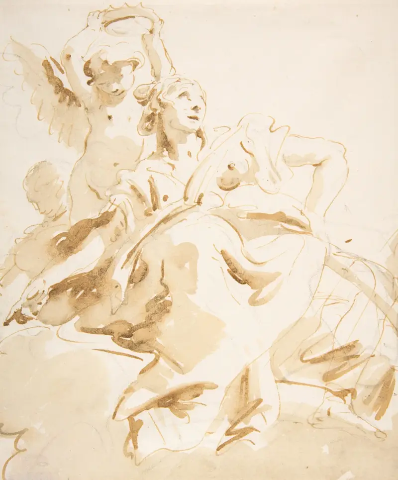Bevingad putto kröner en sittande kvinna som blickar uppåt av Giovanni Battista Tiepolo