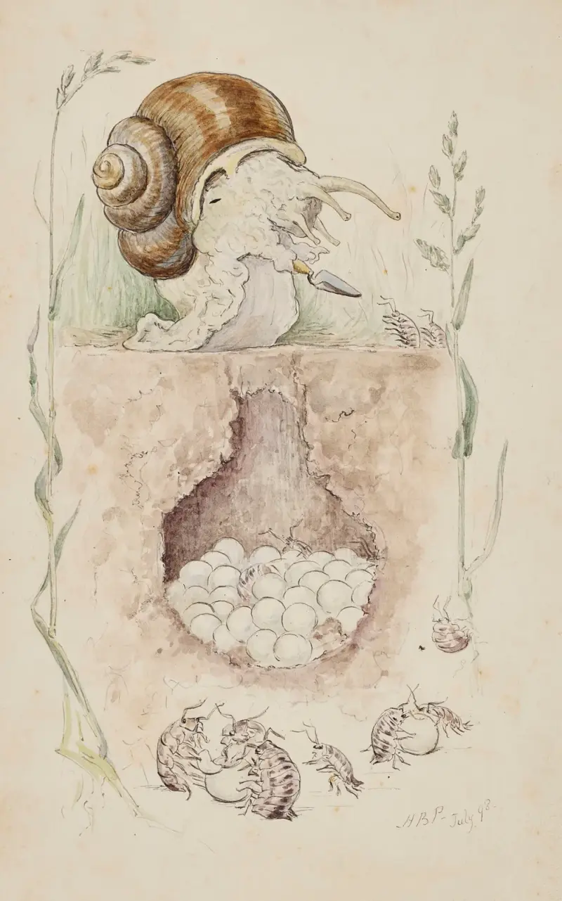 Šnek střežící své hnízdo, Beatrix Potter