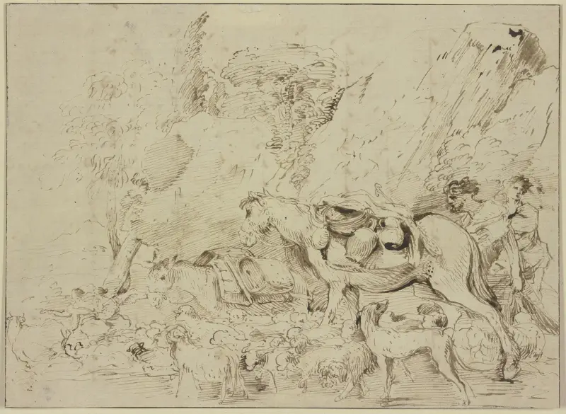 Hirten mit Pferd, Esel und Schafherde in einer Felsenlandschaft av Giovanni Benedetto Castiglione