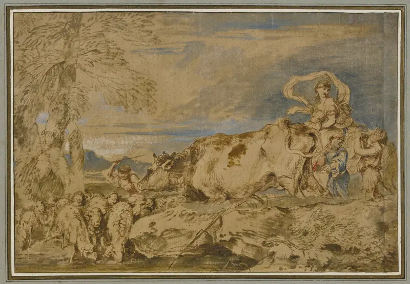 Hirten und Schäferinnen mit einer Herde an der Tränke av Giovanni Benedetto Castiglione