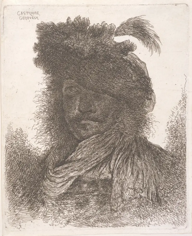 Man Wearing a Plumed Fur Cap and Scarf av Giovanni Benedetto Castiglione