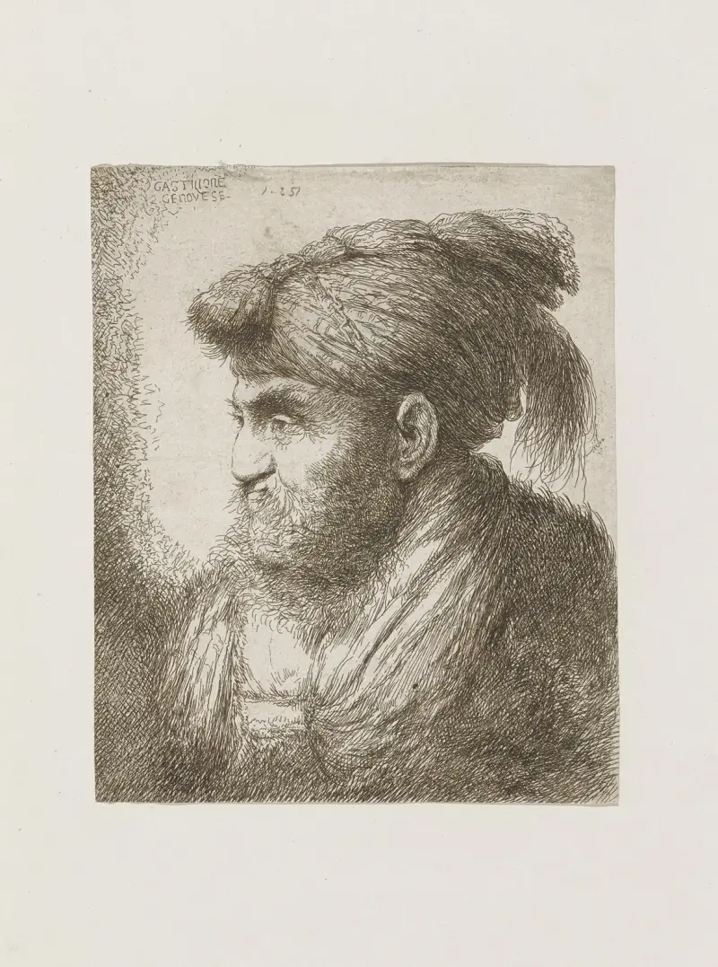 Man med skägg och mustasch, bärande en plymförsedd huvudbonad av Giovanni Benedetto Castiglione