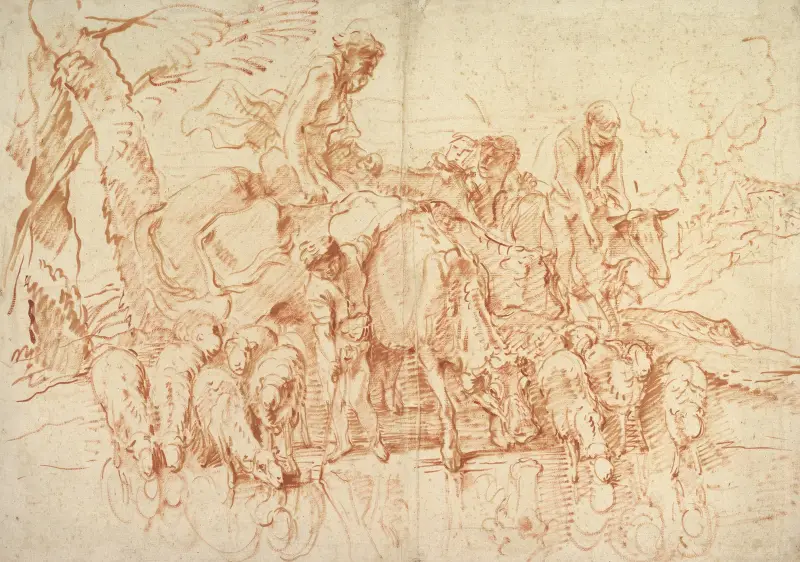 Hirtenwanderung mit Herden an einem Bach von Giovanni Benedetto Castiglione