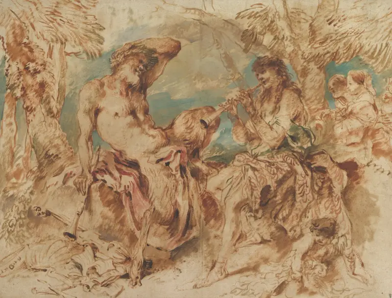 Yngling spelar flöjt för en satyr av Giovanni Benedetto Castiglione