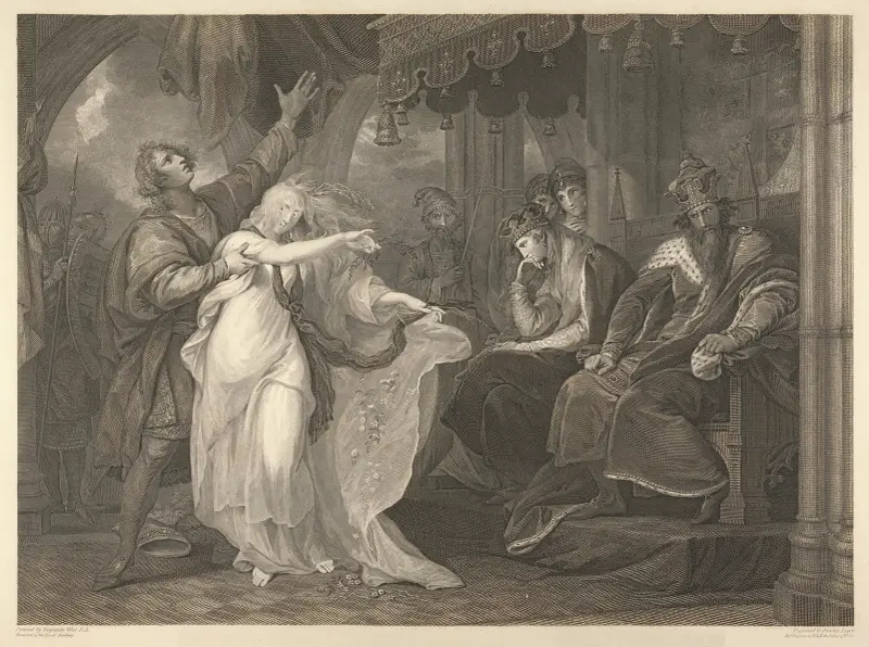 Hamlet, akt IV, scen V, Elsinore – kung, drottning, Laertes, Ofelia m.fl. av Benjamin West