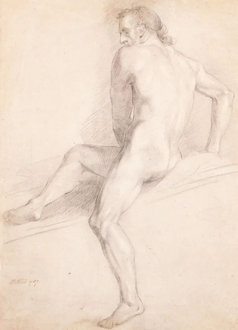 Manlig nakenstudie; akademisk studie av Benjamin West