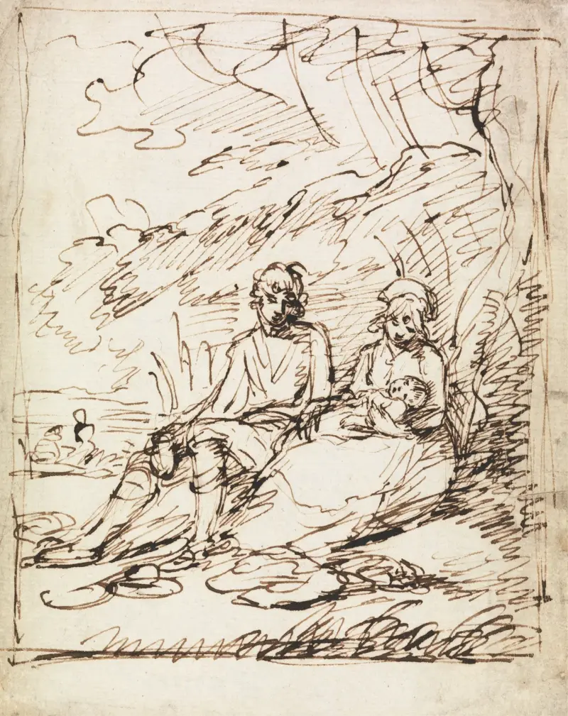 Man och kvinna med baby, sittande på bank av Benjamin West