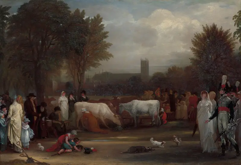 Mjölkpigor i St. James's Park, Westminster Abbey i bakgrunden av Benjamin West