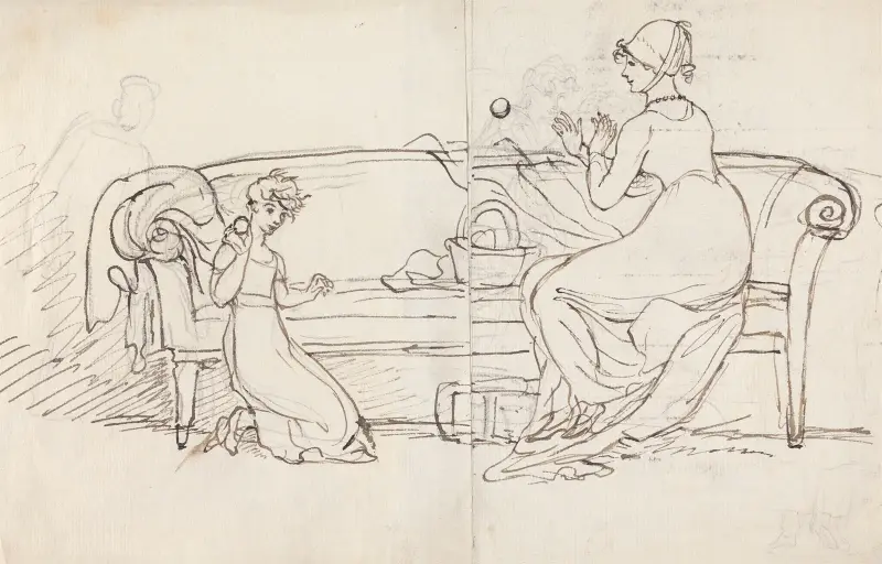 Mrs. West and Daughter Playing Catch av Benjamin West