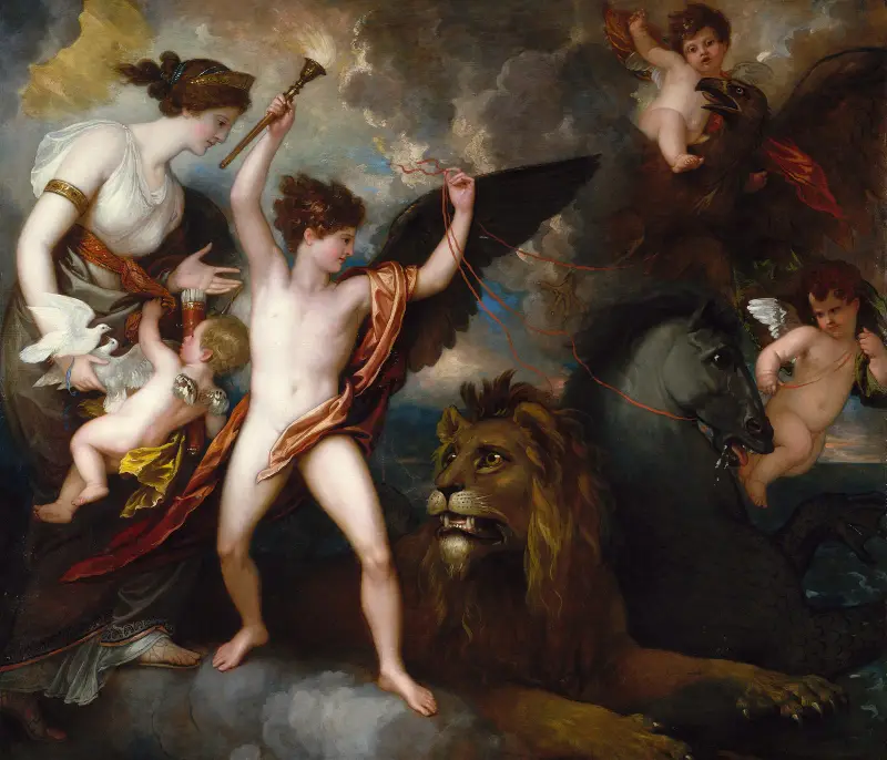 Omnia Vincit Amor, eller Kärlekens makt i de tre elementen av Benjamin West
