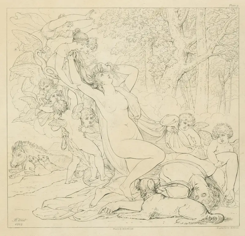 Venus förtvivlan över Adonis döda kropp av Benjamin West