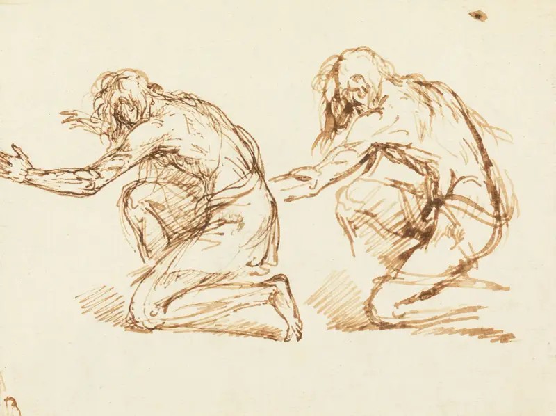 Två knäböjande figurer av Benjamin West