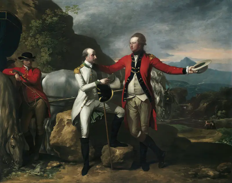 Två officerare och en groom i ett landskap av Benjamin West