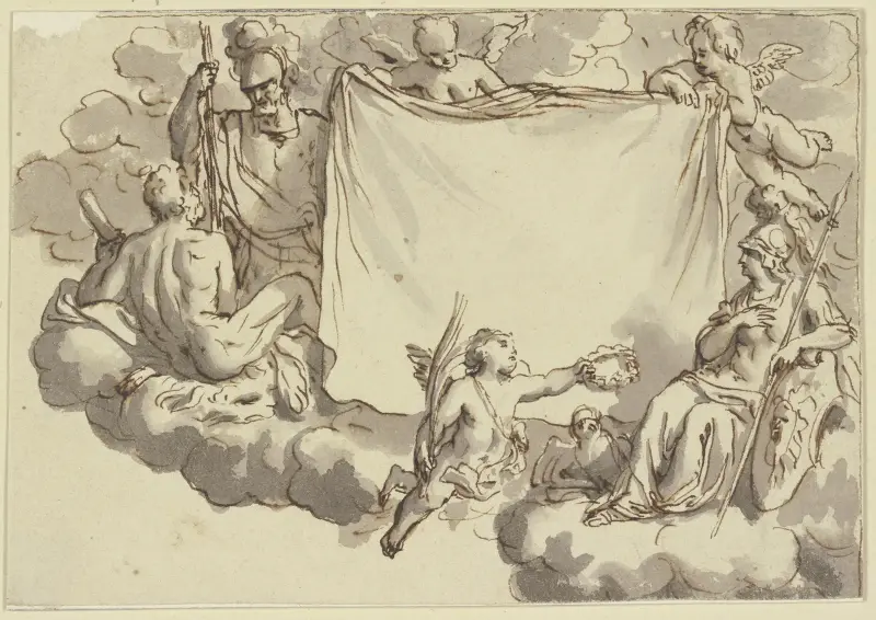 Amoretten halten ein Tuch, rechts Minerva, links Herkules und Mars av Bernard Picart