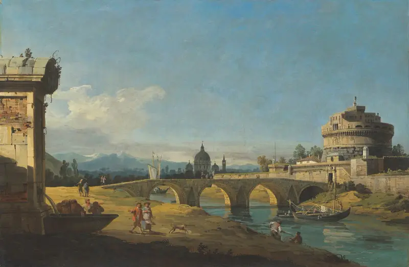 Capriccio med romerska monument, bland annat Castel Sant'Angelo och Peterskyrkan av Bernardo Bellotto