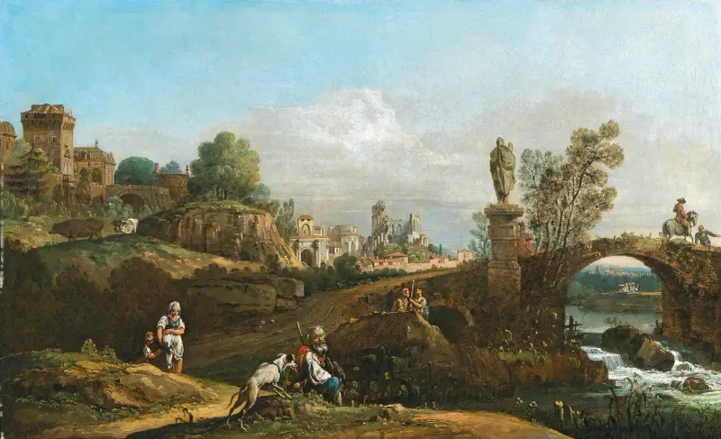 Landscape capriccio with classical and medieval motifs and some buildings from Dresden av Bernardo Bellotto