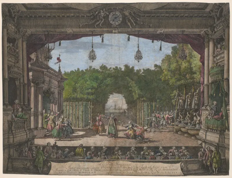 Le turc genereux, ballet pantomime executé à Vienne sur le teatre près de la cour le 26 avril, 1758 av Bernardo Bellotto