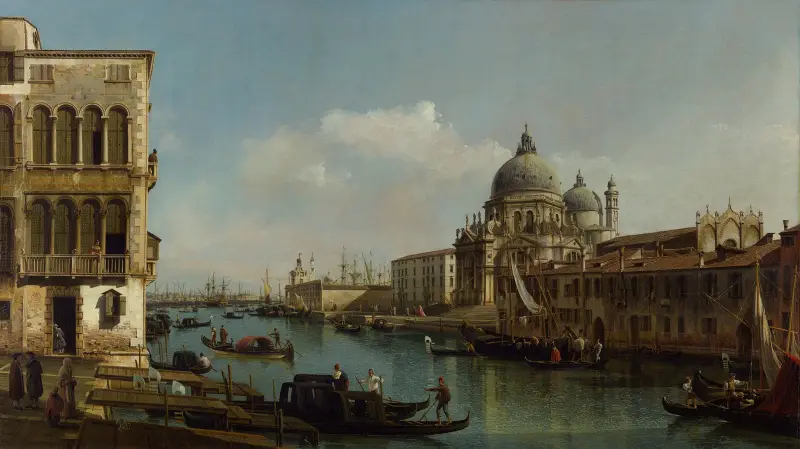 View of the Grand Canal; Santa Maria della Salute and the Dogana from Campo Santa Maria Zobenigo av Bernardo Bellotto