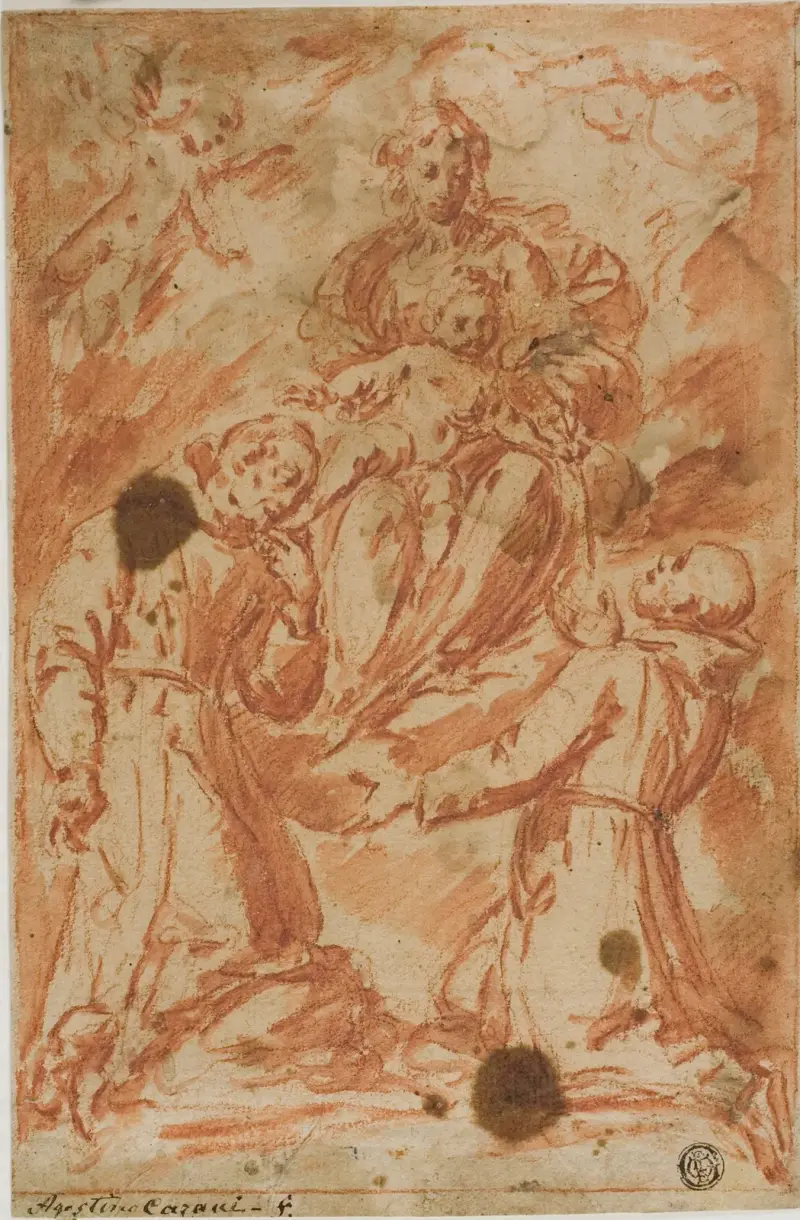 Jungfrun och barnet i gloria, tillbedda av två munkshelgon av Bernardo Strozzi
