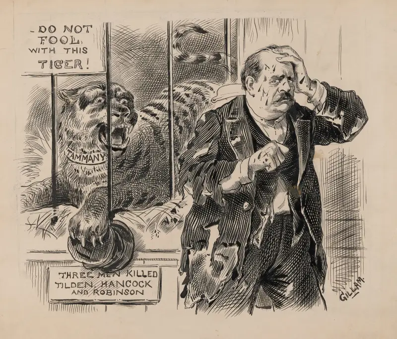 A warning to Grover Cleveland in 1883 that the Tammany organization support had proved fatal to three Democratic candidates already. av Bernhard Gillam